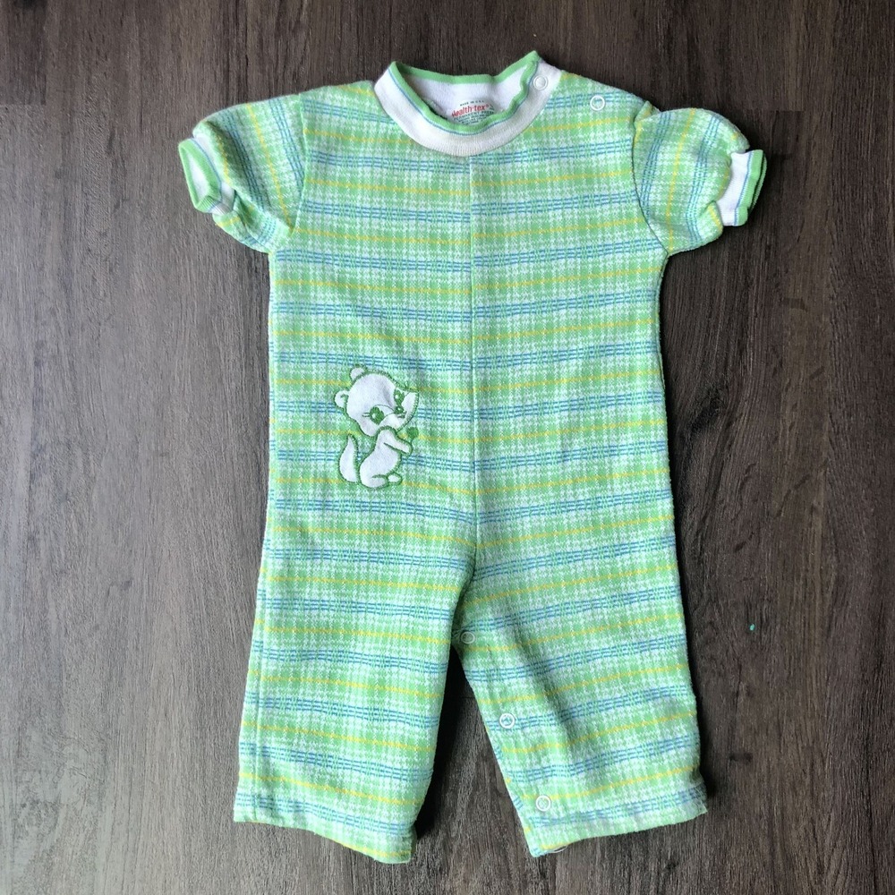 Vintage Health-Tex Baby Romper 12M Green Blue Plaid One-Piece 70s Retro Kitschy